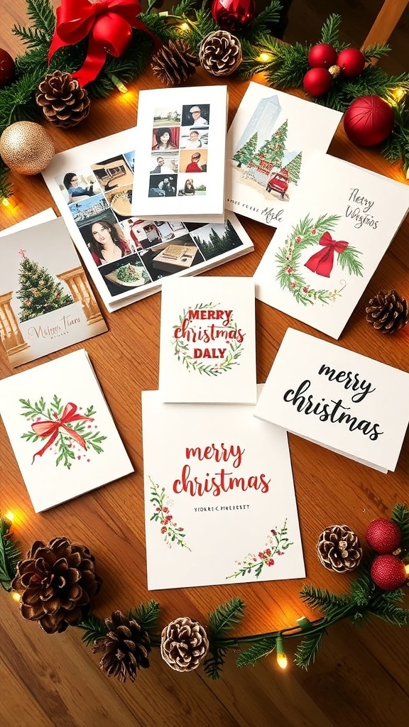 A collection of creative Christmas cards with diverse designs on a rustic table with holiday decorations.